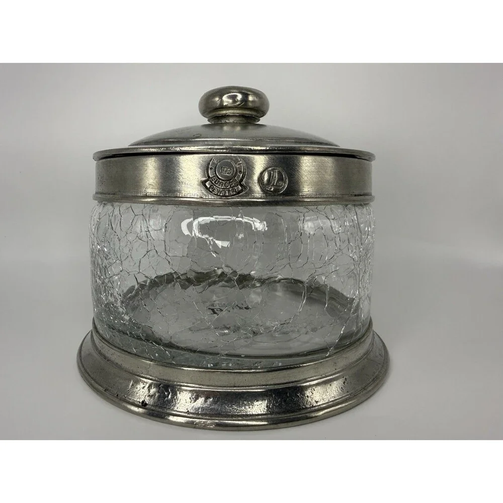 Vintage Labrazel Italian Pewter Crackle Glass Vanity Canister Crystina Jar 90s